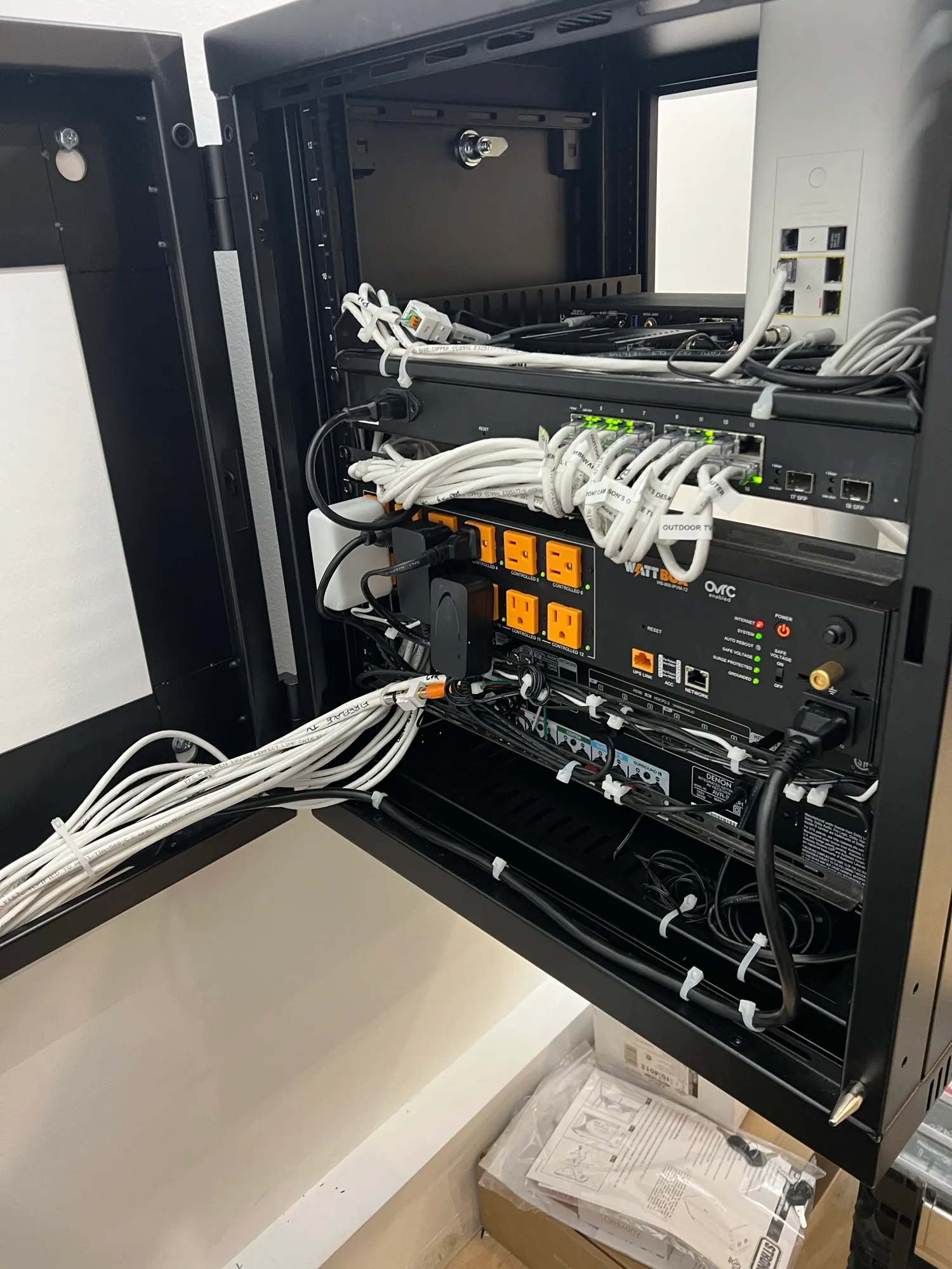 Open structured wiring enclosure with Cat6 runs dressed and tied and every port hand-labeled.